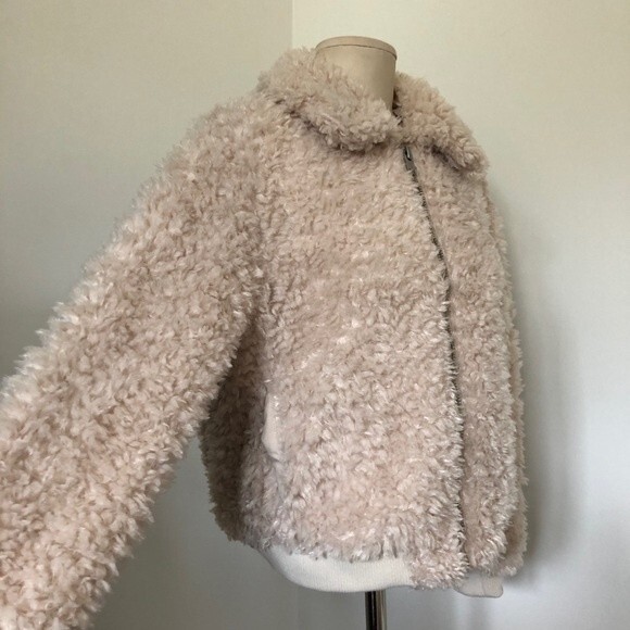 H&M Divided Jacket Womens Medium Cream Sherpa Bomber Faux Fur Teddy Bear New - Picture 7 of 13